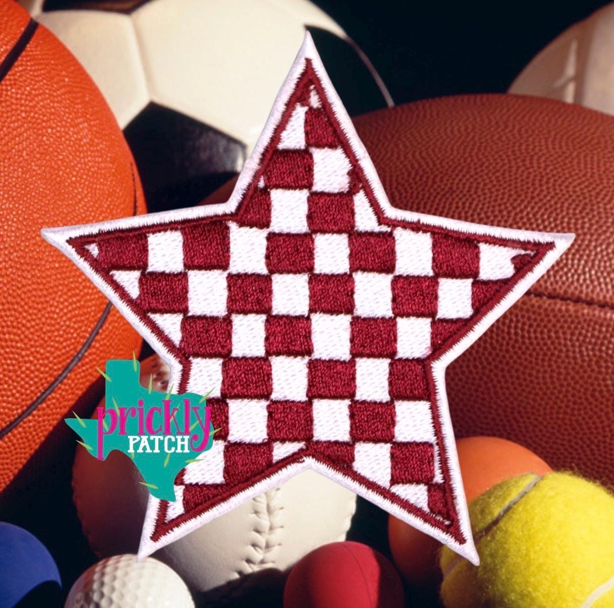 Checkered Star Maroon Iron-On Embroidered Patch