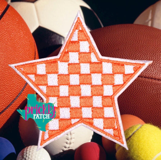 Checkered Star Orange Iron-On Embroidered Patch