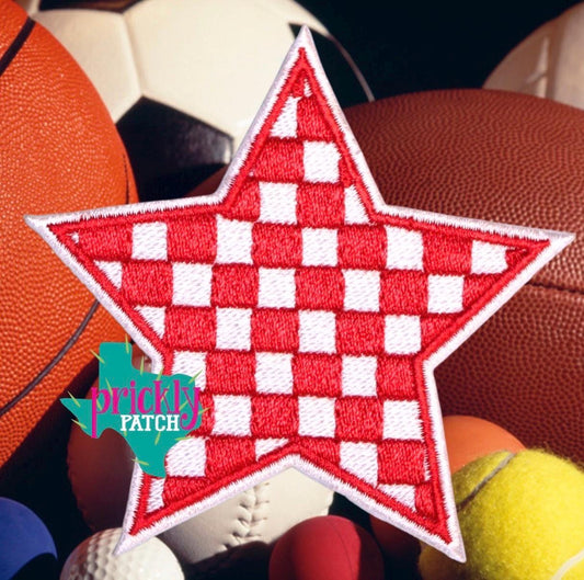 Checkered Star Red Iron-On Embroidered Patch