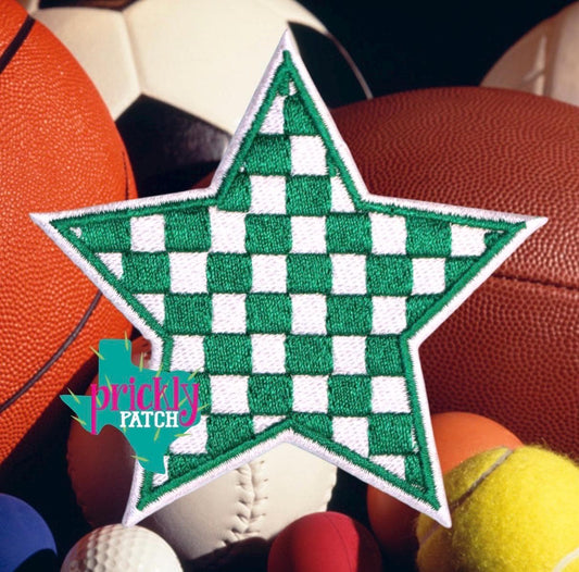 Checkered Star Green Iron-On Embroidered Patch