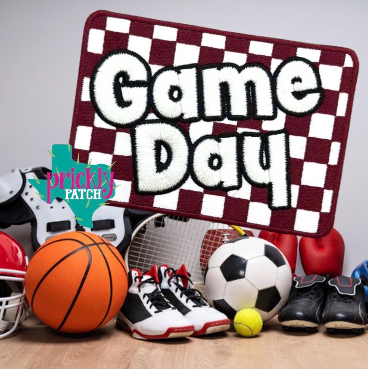 Checkered Game Day Maroon  Iron-On Embroidered Patch