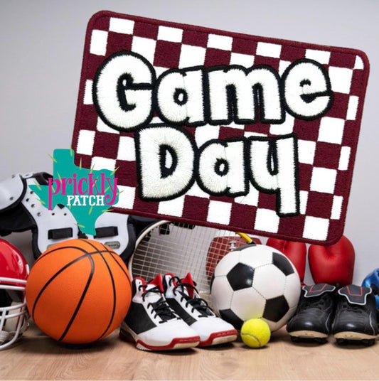 Checkered Game Day Maroon  Iron-On Embroidered Patch