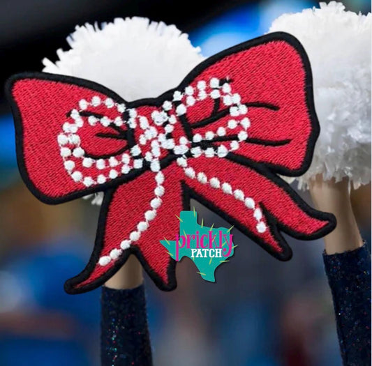 Pearl Bow Red Iron-On Embroidered Patch
