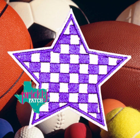 Checkered Star Purple Iron-On Embroidered Patch