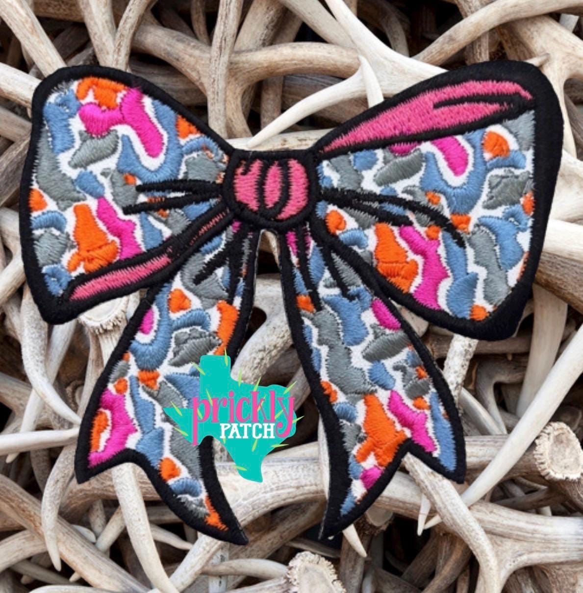 Camo Bow Pink Iron-On Embroidered Patch